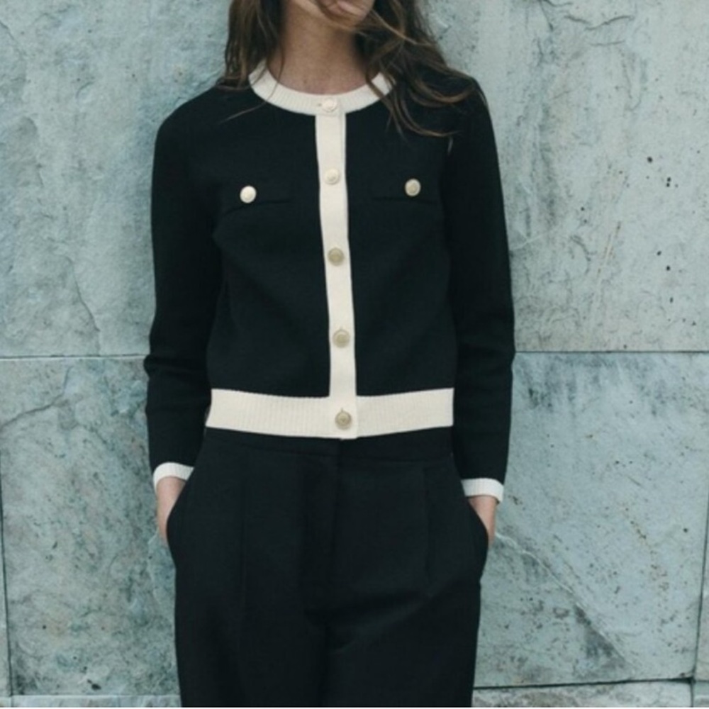 NWT ZARA Contrasting Black and White Sweater Jacket with Gold Buttons
